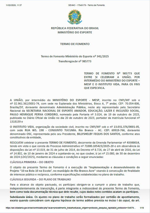 Termo de Fomento nº 	985773 